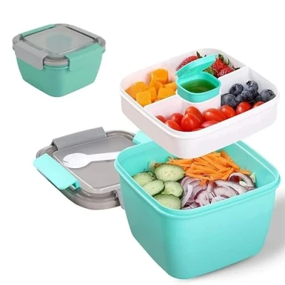 Afbeelding van Bento Box Lunchbox met onderverdeling in vakken, broodtrommel bestek voor volwassenen en kinderen, duurzaam, lekvrij, saladebox to go, 1500 ml, school, werk, picknick, reizen