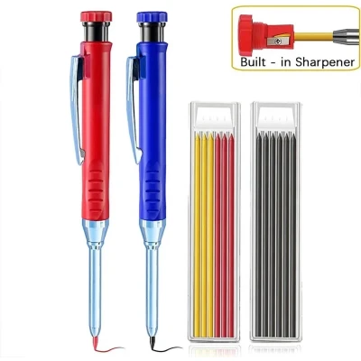 Afbeelding van Bouwpotlood set inclusief 2 markeerpotloden en 12 navullingen in de kleuren rood blauw timmermanspotlood perfect voor timmerwerk markeringen