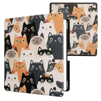 Afbeelding van kwmobile E reader hoesje geschikt voor Amazon Kindle Scribe (2024) hoes flip case met magnetische sluiting Ereader cover Katten design in oranje / zwart wit