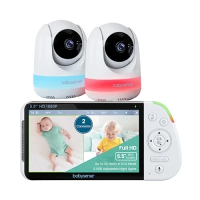 Afbeelding van Babysense Babyfoon met camera en 5,5 inch 1080p Full HD gedeelde beeldschermweergave, 2 camera&#039;s, RGB nachtlampje, 5000 mAh grote batterij, weg audio, 4 x zoom, zonder wifi, model: MaxView 2CAM