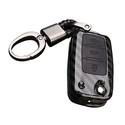 Afbeelding van Happyit ABS koolstofvezel buitenkant + siliconen autosleutel beschermhoes, sleutelhanger voor Volkswagen VW, Bora, Kever, Tiguan, Polo, Passat, Jetta, Seat, Sagitar, Golf 6 (B zwart zwart)