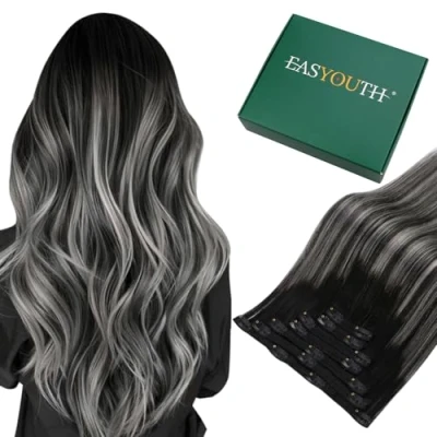 Afbeelding van Easyouth Clip in Extensies Echt Haar Dubbele Strengen Remy Human Haarextensies Clips 45cm 105g 7Stuks #1B/Silver/1B