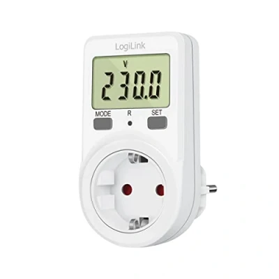 Afbeelding van LogiLink EM0002B meetinstrument met groot lcd display, weergave: vermogen in watt, netspanning, energieverbruik, energiekosten en overbelastingswaarschuwing, wit