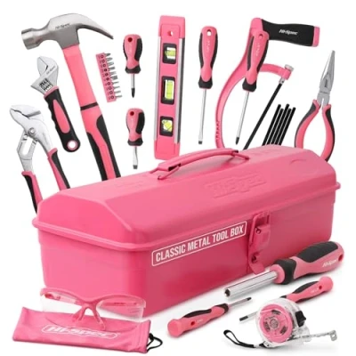 Afbeelding van Hi Spec 30 delige roze DIY gereedschapsset met metalen kist: Beginnende toolset hamer, schroevendraaiers, tang, sleutel, zaag &amp; meer voor thuisreparaties