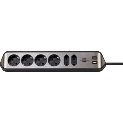 Afbeelding van Stekkerdoos Brennenstuhl bureau Estilo 6 voudig incl. 2 USB 2m zwart zilver