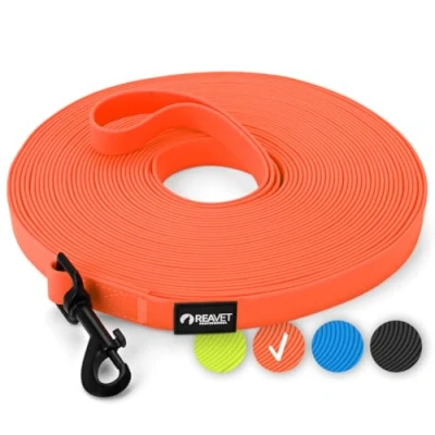 Afbeelding van ReaVET looplijn voor honden, 15 meter, neon oranje, robuuste en waterdichte hondenlijn, lang, oefenlijn met gevoerde handgreep, trainingslijn, grote kleine honden