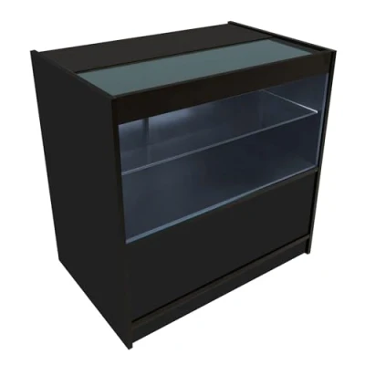 Afbeelding van Zwart Winkel Toonbank LED Verlichting C900 Afsluitbaar Schuifdeuren 2 Sleutels Detailhandel Opbergkast Glas Vitrine Display Kast Receptie Bureau 3 Planken Open Schappen 1 Gesloten Schap Witte Lampen