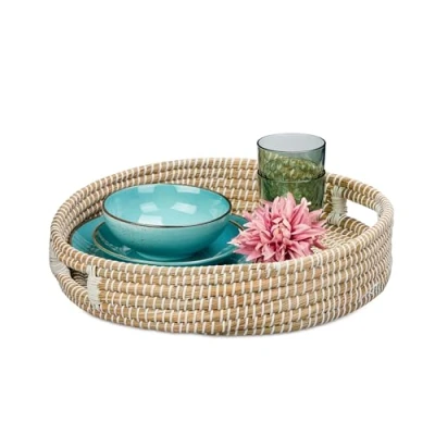 Afbeelding van Relaxdays dienblad zeegras 43 cm gevlochten serveerblad met handgrepen rond