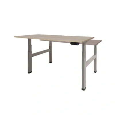 Afbeelding van Dextro plus duo zit/sta 180x80cm, electrisch hoogte verstelbare werkplek, H poot frame. Frame kleur aluminium (RAL9006) en blad Robson eiken.