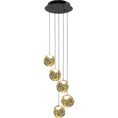 Afbeelding van Highlight HanglampMelina zwart met amber glas 5 lichts H5182.01