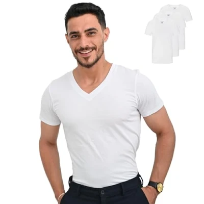 Afbeelding van SKIPPER Set van 3 basic T shirts voor heren, V hals, onderhemd, wit, 100% katoen, hoogwaardige zachte korte mouwen, zakelijke onderhemden mannen, Oeko Tex gecertificeerd, XXL
