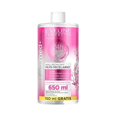 Afbeelding van Eveline Cosmetics Facemed+ Hyaluron Micellarwater 3 in 1 geavanceerde vochtverzorging en make up verwijdering voor de gevoelige huid, 650 ml