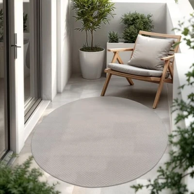 Afbeelding van Paco Home Tapijt Vloerkleed In &amp; Outdoor Balkon Terras Keukenvloerkleed Eenkleurig Gemêleerd Patroon, Maat:Ø 80 cm rondje, Kleur:Ivoor