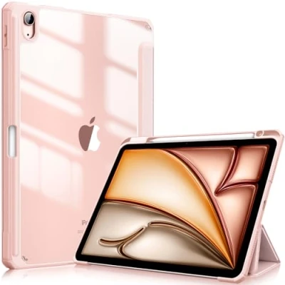 Afbeelding van Fintie Hoes iPad Air 11 inch M3 2025 / M2 2024, 5e/4e gen 2022/2020 met Pen houder, draadloze oplaadfunctie Transparant Harde Beschermhoes Zachte TPU Rand Bumper Roségoud