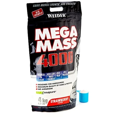 Afbeelding van Weider Mega Mass 4000 aardbeiensmaak (4000 g), 69% vochtgehalte, verrijkt met vitaminen en mineralen, minder suiker