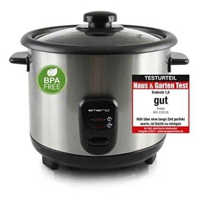 Afbeelding van Emerio automatische eco rijstkoker, BPA vrij, met 1,5L volume, warmhoudfunctie, auto off, antiaanbaklaag, glazen deksel, incl. rijstlepel + maatbeker, slowcooker, 500 watt, RVS