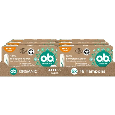Afbeelding van o.b. Organic Super biologische tampons zwaardere menstruatiedagen 100% biokatoen 6 x 16 stuks