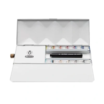 Afbeelding van Schmincke HORADAM® AQUARELL, stabiele metalen doos met waterreservoir en reiskwast, 12 halve bakjes, fijnste kunstenaars aquarelverf, 74 659 097