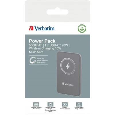 Afbeelding van Verbatim Charge &#039;n&#039; Go Magnetische Draadloze Power Bank 5000mAh Grijs