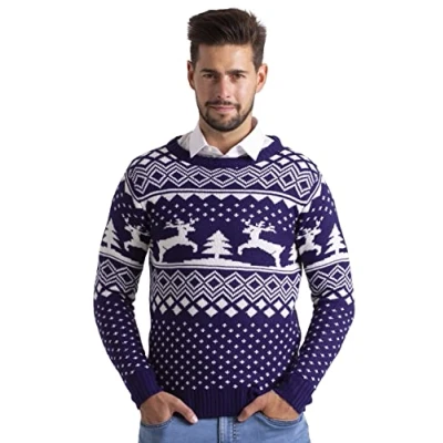 Afbeelding van BlauerHafen Kersttrui voor heren, lange mouwen, gebreide ronde hals, kersttrui, Donkerblauw, XL