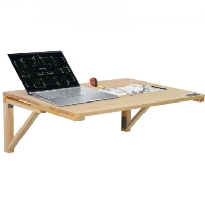 Afbeelding van VEVOR Wandgemonteerde klaptafel, 80 cm x 60 wandmontage drop leaf tafel, houten zwevend bureau met ijzeren beugel, neerklapbaar voor kleine ruimtes, thuiskantoor, eetkamer, wasruimte,