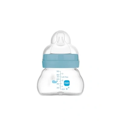 Afbeelding van MAM Glazen fles voor pasgeborenen, 0 maanden, 90 ml, met speen 0, extra langzame stroom van siliconen, gemakkelijk te accepteren, reinigen, Feel Good, blauw