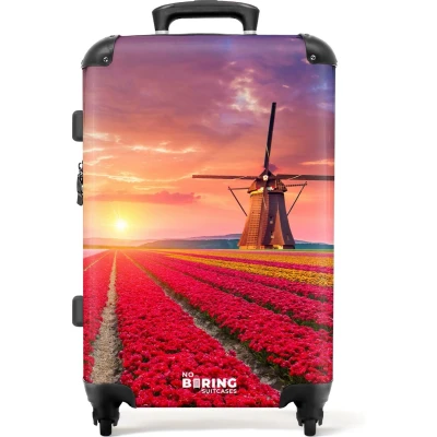 Afbeelding van NoBoringSuitcases.com® Koffer groot Rolkoffer lichtgewicht Bloemenveld met een molen Reiskoffer 4 wielen Grote trolley XL 20 kg bagage