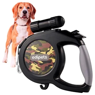 Afbeelding van Edipets, Uittrekbare hondenriem, 8 meter, lang, met led zaklamp, intrekbaar, flexibele band voor rechts en wandelingen, militair camouflage design.