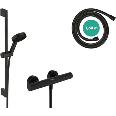 Afbeelding van hansgrohe Pulsify Select S waterbesparend Doucheset met Douchethermostaat Ecostat Element, Douchekop 8,2 l/min (EcoSmart) Douchestang 65cm, Doucheslang en Douchekophouder, mat zwart, 24272670