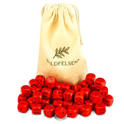 Afbeelding van Waldfelsen 6, 12, 20, 30 of 50 hoogwaardige houten kubussen van echt beukenhout, 16 mm standaard dobbelstenen met stoffen zak, kubusset (rood, stuks)