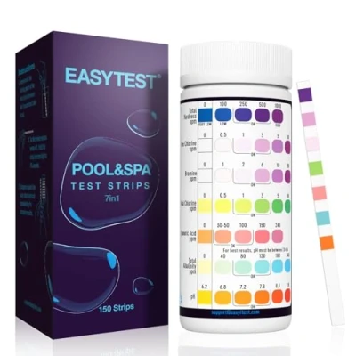 Afbeelding van EASYTEST 7 weg zwembad teststrips, 150 strips water chemische tests voor hot tub en spa, nauwkeurige test broom, totale alkaliteit, pH, vrij chloor, hardheid, cyanuurzuur totaal chloor
