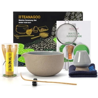 Afbeelding van TEANAGOO Japanse theeset (7 delig), Matcha gardeset, kom met schenktuit, bamboe garde (chasen), schep (chashaku), gardehouder, theeset. N2, donkerder grijs