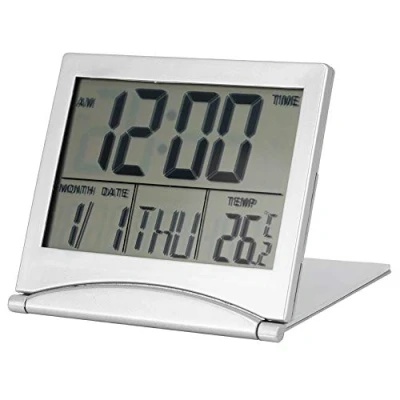 Afbeelding van Digitale wekker, draagbare opvouwbare alarmkalender Temperatuur en timer LCD klok met snooze modus zachte blauwe achtergrondverlichting, bureauklok voor alle leeftijden