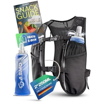 Afbeelding van SASMO® loopvest voor dames en heren, 5 l + 2 x 250 soft flask, ultralicht 270 g &amp; ademend, looprugzak 8 zakken, drinkvest