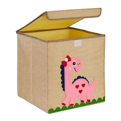 Afbeelding van Relaxdays opbergmand kinderkamer, dino, stof, kinderen, opvouwbaar, HBD: 33 x cm, speelgoedmand, beige/roze