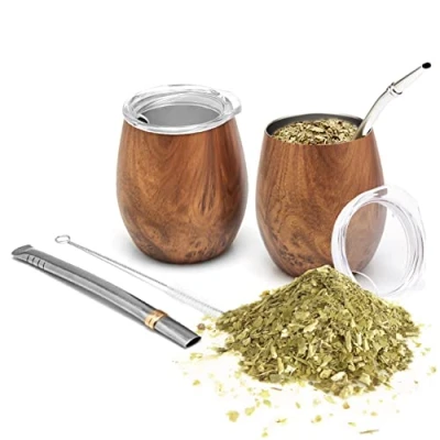 Afbeelding van BALIBETOV Mate Mokkenset (2 Yerba Theemokkenset, 5 Stuks) Bevat Twee Dubbelwandige 18/8 Roestvrijstalen Theemokken, Bombilla&#039;s En Een Reinigingsborstel (Hout)