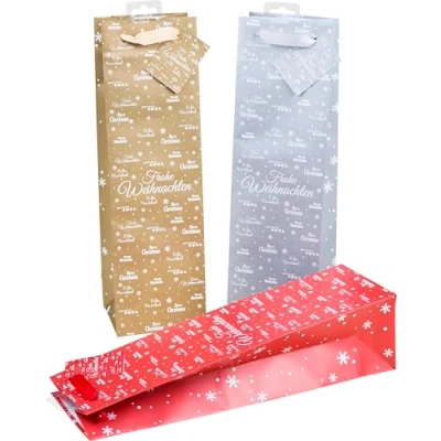 Afbeelding van HEKU Kerstflessenzakken met glitter, 25 stuks I Merry x Mas design in 3 kleuren hoogwaardig papier veelzijdige afmetingen voor wijn en sterke drank 40 10 12 cm