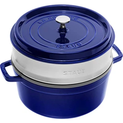Afbeelding van STAUB Gietijzeren braad/cocotte, met stoominzet, rond 26 cm, 5,2 L, matzwart email aan de binnenkant van pan, donkerblauw