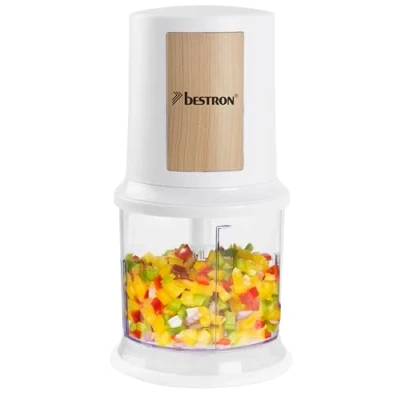 Afbeelding van Bestron Elektrische multi hakmolen, universele hakmolen met twee snijmessen &amp; 500 ml capaciteit, grote pulsknop, 3.000 omw/min, AKC200NH, Nordic Home collectie, kleur: matwit/hout