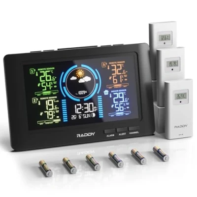 Afbeelding van Raddy WF 80C weerstation met 3 buitensensoren 7,5&#039;&#039; digitaal kleurendisplay thermometer hygrometer barometer DCF radioklok weersvoorspelling verstelbare achtergrondverlichting