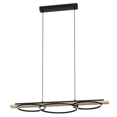 Afbeelding van EGLO LED hanglamp Boyal, 3 lichts pendellamp, plafondlamp hangend van metaal, hout, kunststof, eettafellamp in zwart, bruin, wit, woonkamerlamp, FSC gecertificeerd