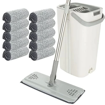 Afbeelding van ASelected Platte Mop en emmer set, handsfree squeeze met 10 herbruikbare Microfiber Pads roestvrij staal 123cm lange handgreep, vloer voor betegeld, marmer, hardhout