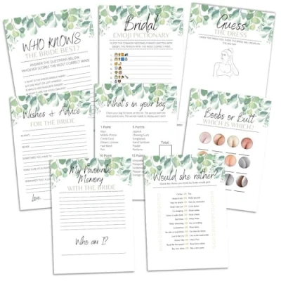 Afbeelding van Hen Party Games 80 Game Pack 8 spellen voor elke kip 10 gastenpakket Bruidsdouche/vrijgezellenfeest botanisch/eucalyptus ontwerp vrijgezellenavond Do
