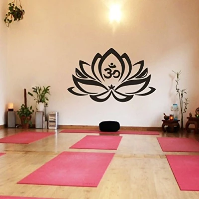 Afbeelding van Wandtattoo, motief: lotusbloem met OM symbool, mandala, kunst, vinyl, zwart, 53 x 86 cm