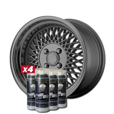 Afbeelding van AutoFullCar Verpakking met vloeibare vinyl velgen, 4 sprays, 400 ml, matte afwerking, geschikt voor velgen van 38,1 tot 45,7 cm, antraciet metallic