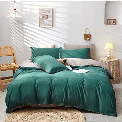 Afbeelding van Damier Beddengoed, donkergroen, 200 x cm, groen, beige, dekbedovertrekset, 3 delig, superzacht, microvezel, effen, dekbedovertrek met verborgen ritssluiting en 2 kussenslopen 80 cm