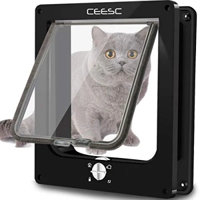 Afbeelding van CEESC Kattenluik, waterdichte kattenklep met 4 weg draaibaar slot voor katten, kleine honden, eenvoudig te installeren en gebruiken, verbeterde versie (XL, zwart)