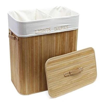 Afbeelding van Bamboe wasmand 105L natuurkleur met linnen waszak rechthoekig opvouwbaar wasbox waskorf