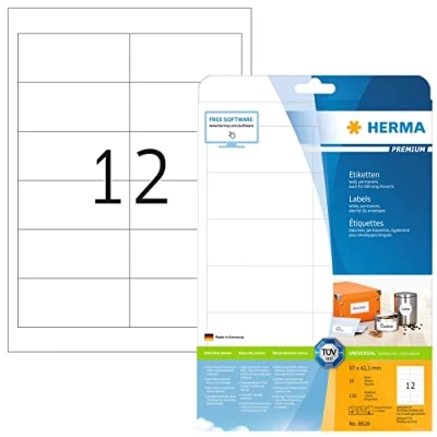 Afbeelding van HERMA 8628 universele etiketten A4 (97 x 42,3 mm, 10 vellen, papier, mat) zelfklevend, bedrukbaar, permanente klevende adreslabels, 120 voor printer, wit