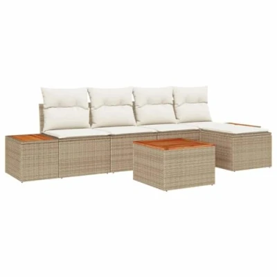Afbeelding van vidaXL 6 delige tuinmeubelset met kussens in beige, van poly rattan en acaciahout.